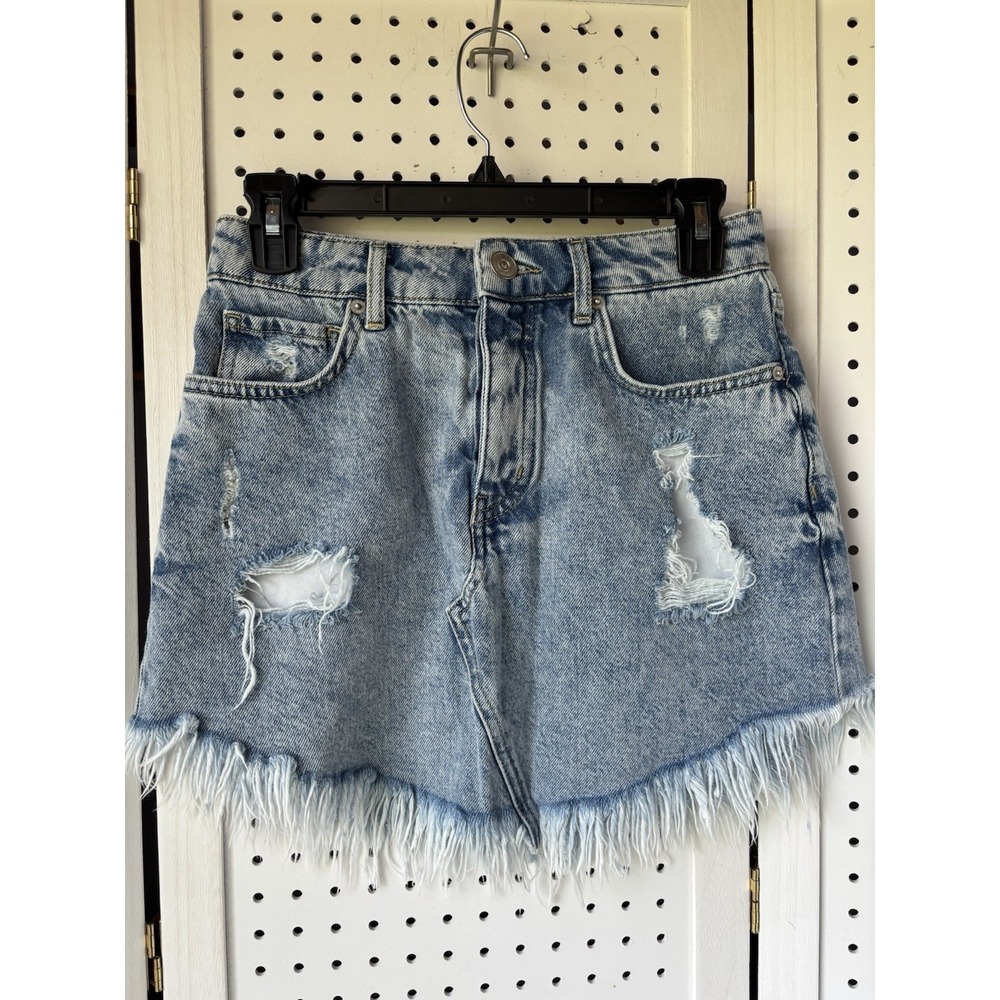BDG Urban Outfitters Blue Denim Mini Skirt Frayed Raw Hem Boho Distressed Size S